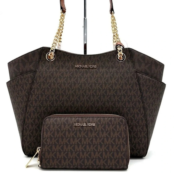 Michael Kors Large Jet Set Travel Chain Shoulder Bag & Double Zip Wallet Brown - Picture 2 of 14